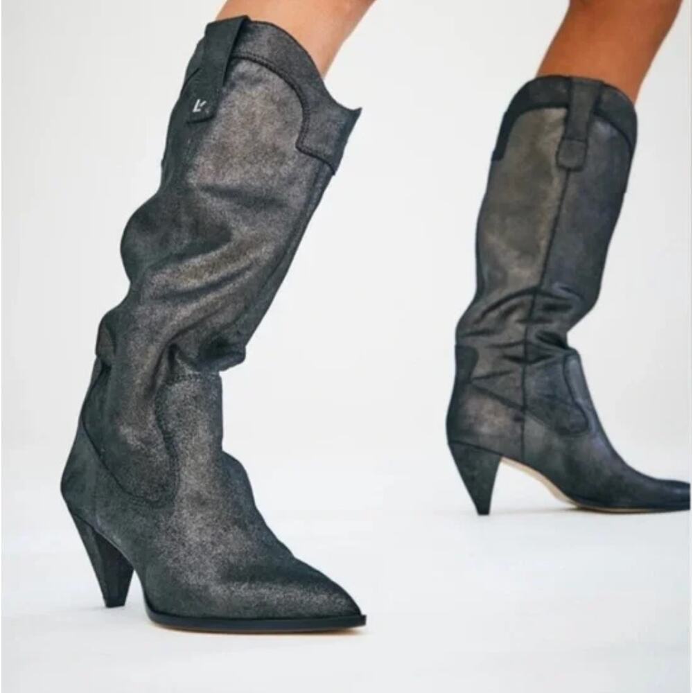 Women's Larroude Louise Leather Graphite Metallic Oil Shiny Slouchy Boot sz 9 - Picture 1 of 5